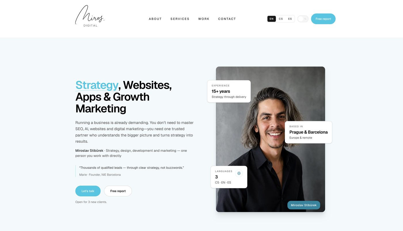 Miros Digital consultancy website — UX and visual system