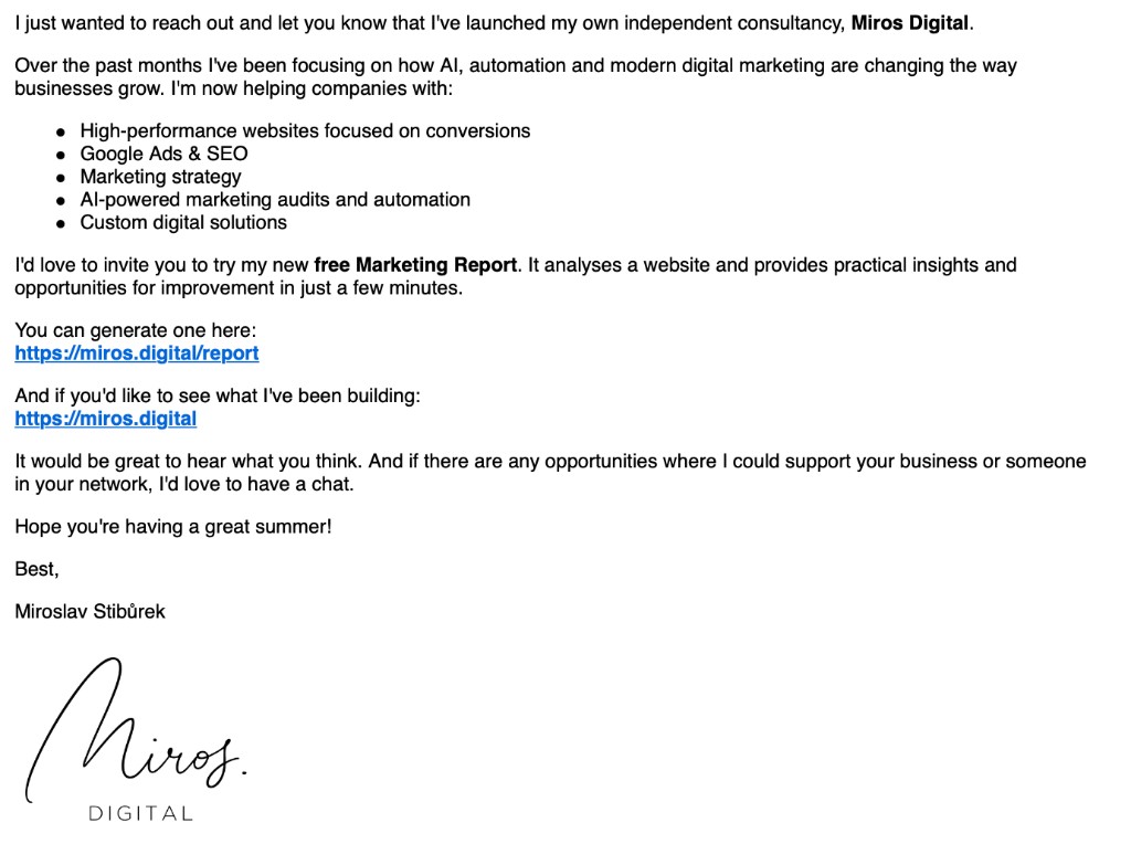 Example outreach email from Miros Digital — personalised B2B introduction with free report offer