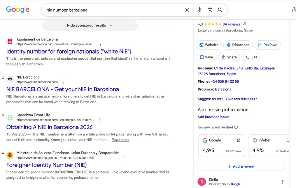Google search results for NIE Barcelona — top organic rankings and business profile